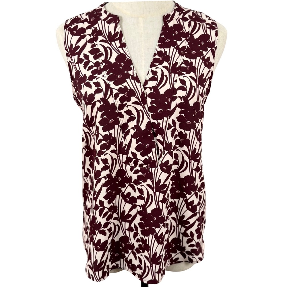 EUC Ann Taylor S Sleeveless V Neck Burgundy Floral Blouse Top Career Work Chic